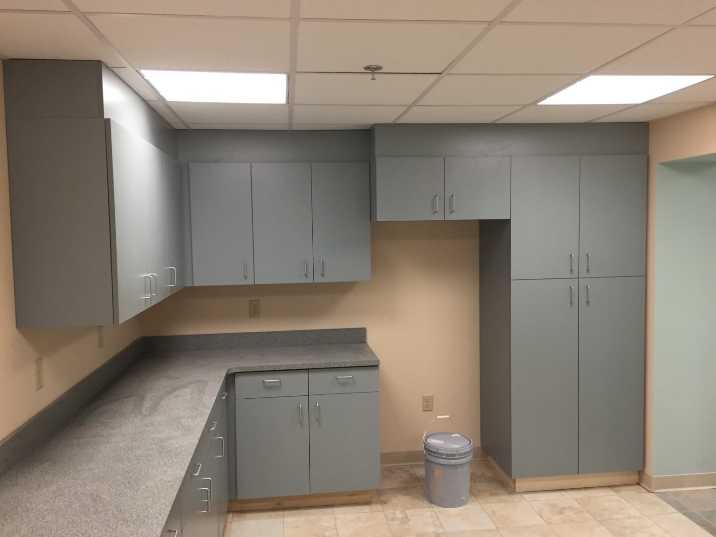 Close view of the gray kitchen cabinets