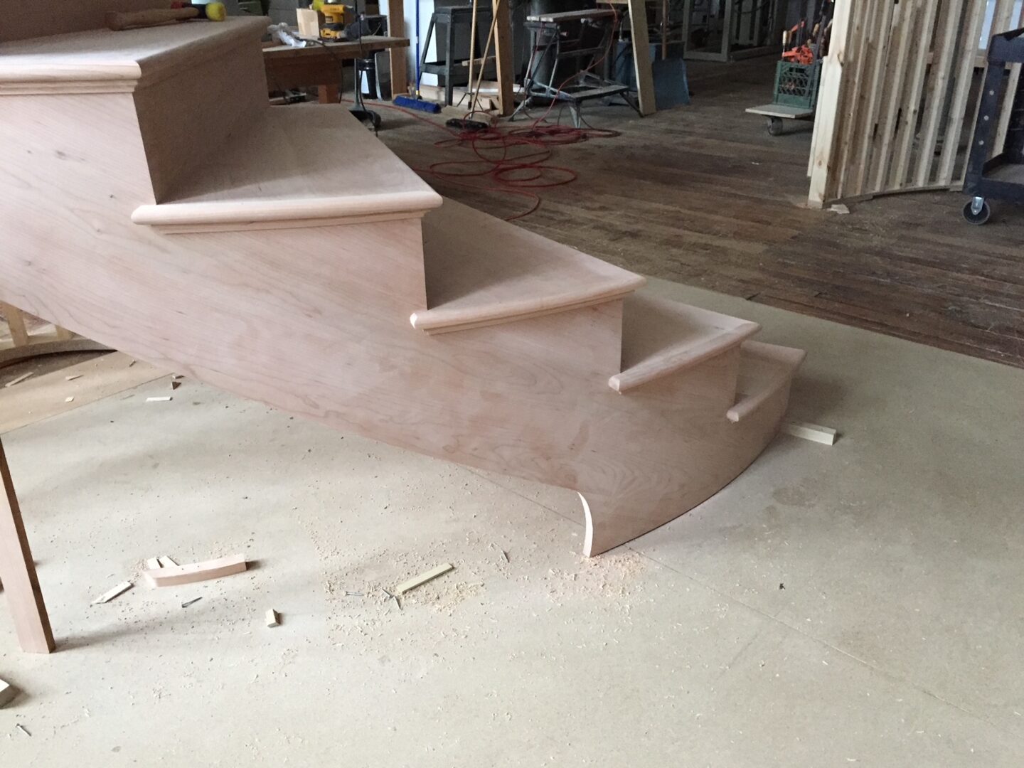 Close view of the wooden staircase in progress