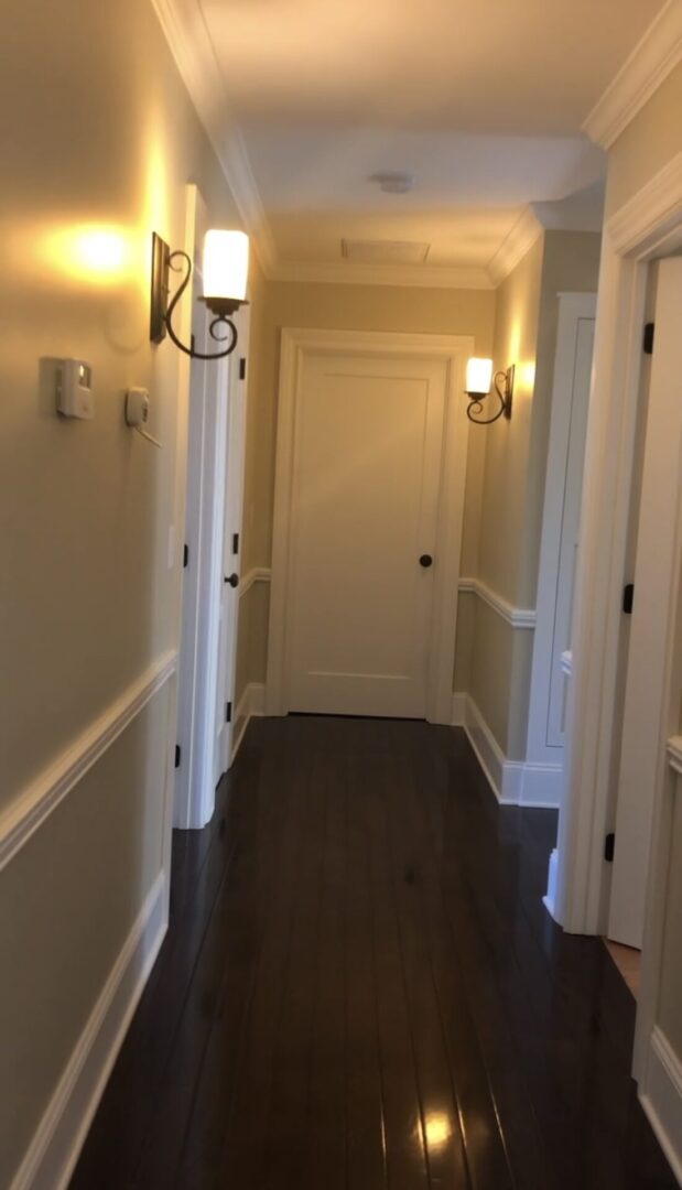 A Corridor With Door and Hanging Lights